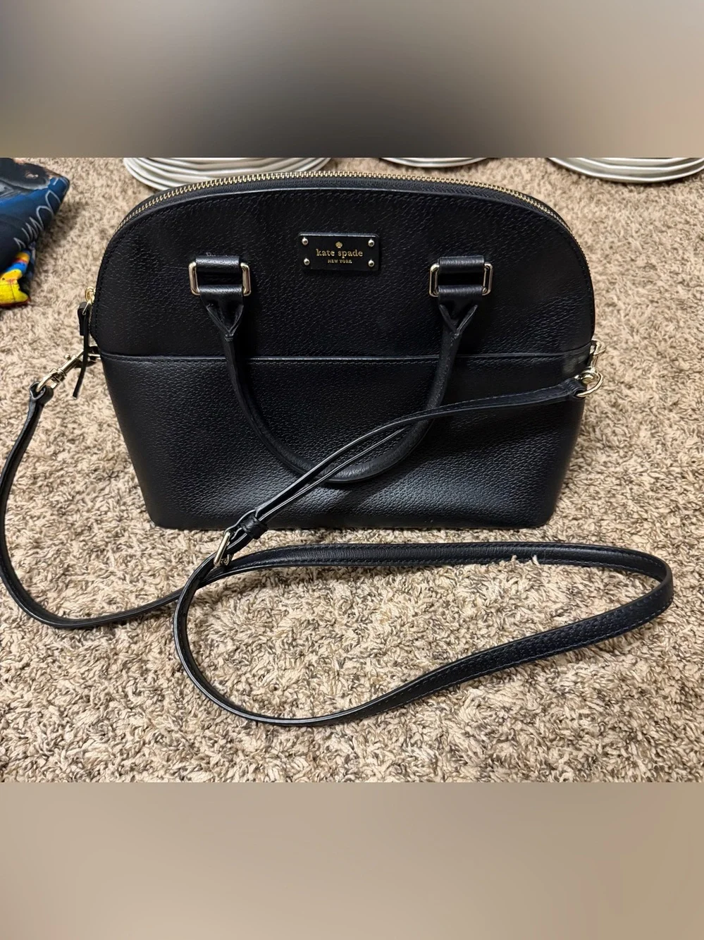 kate spade new york black pebbled leather dome satchel crossbody bag